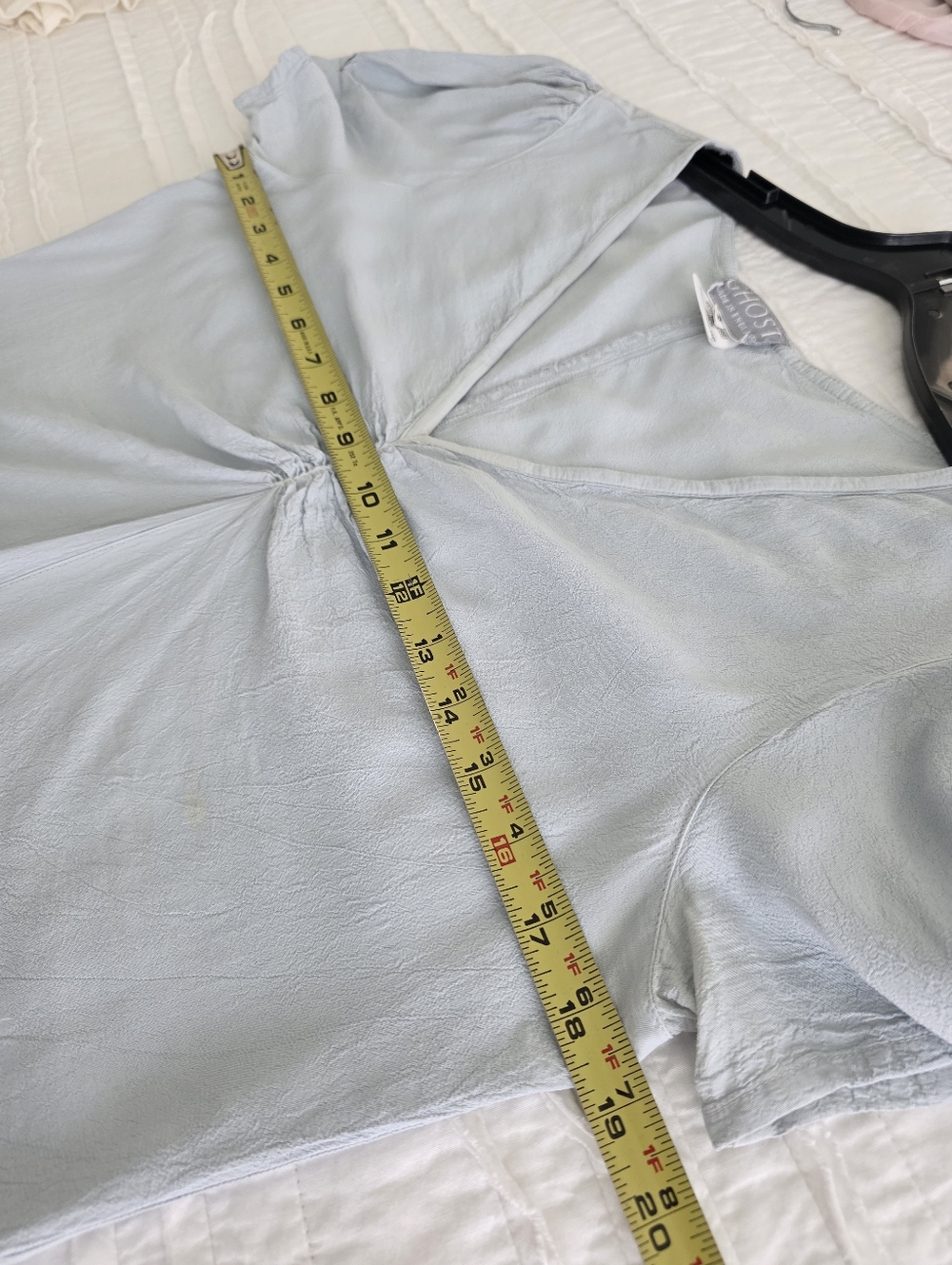 Vintage GHOST MADE IN ENGLAND Pale Blue V-Neck Gathered Front Blouse - Picture 7 of 11